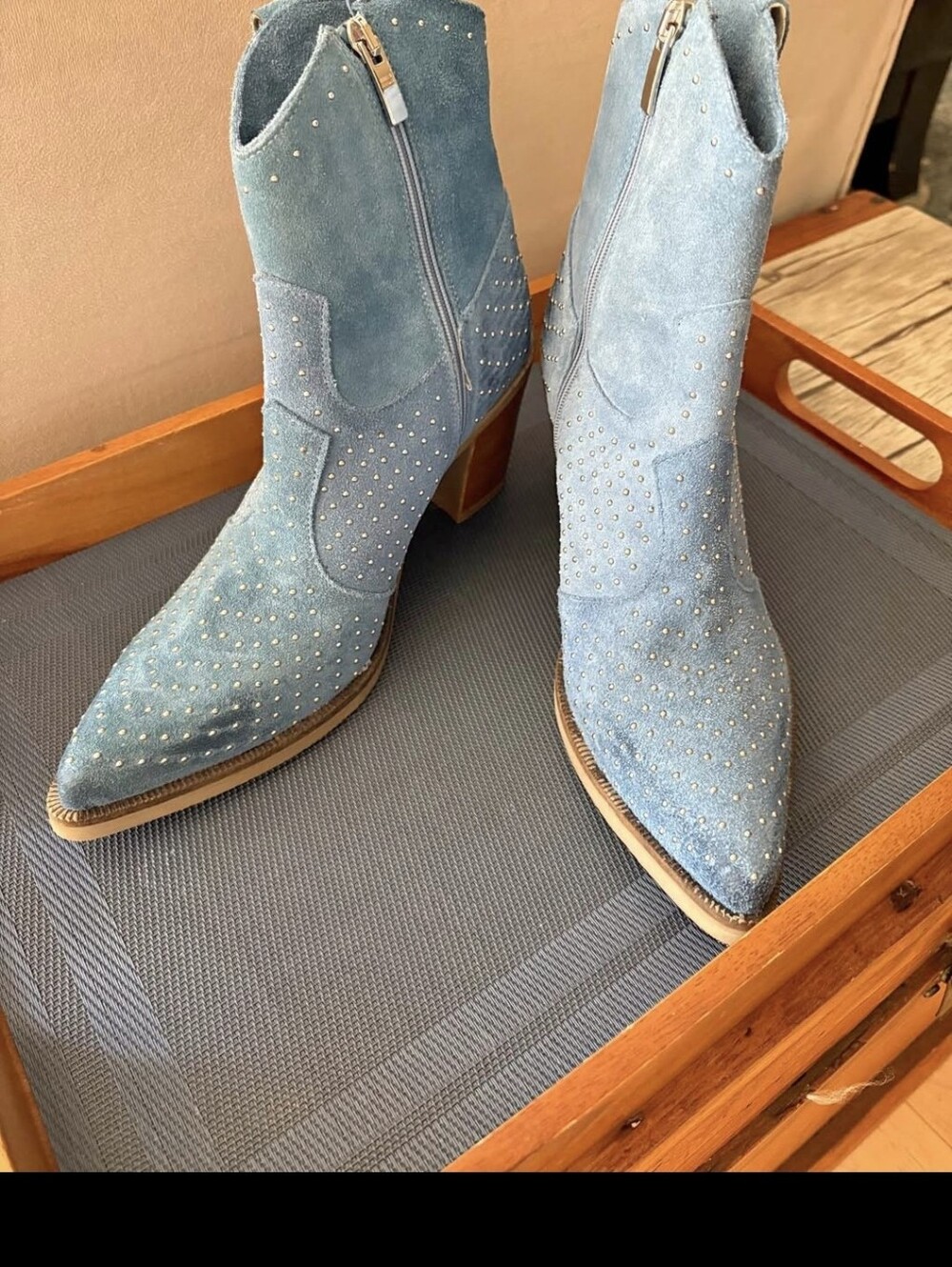 Emanuele Crasto Blue Suede Studded Western Boots - Made in Italy Size 8.5